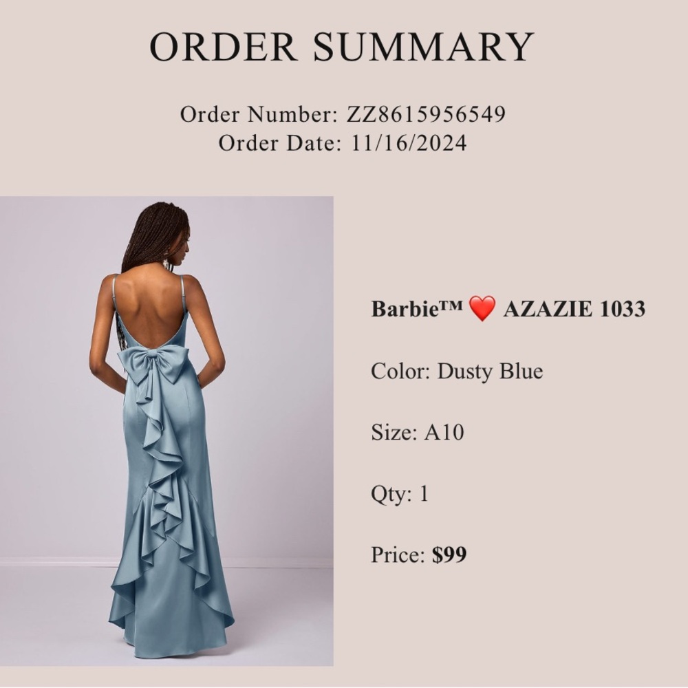 Barbie Azazie 1033 Size 10 in Dusty Blue